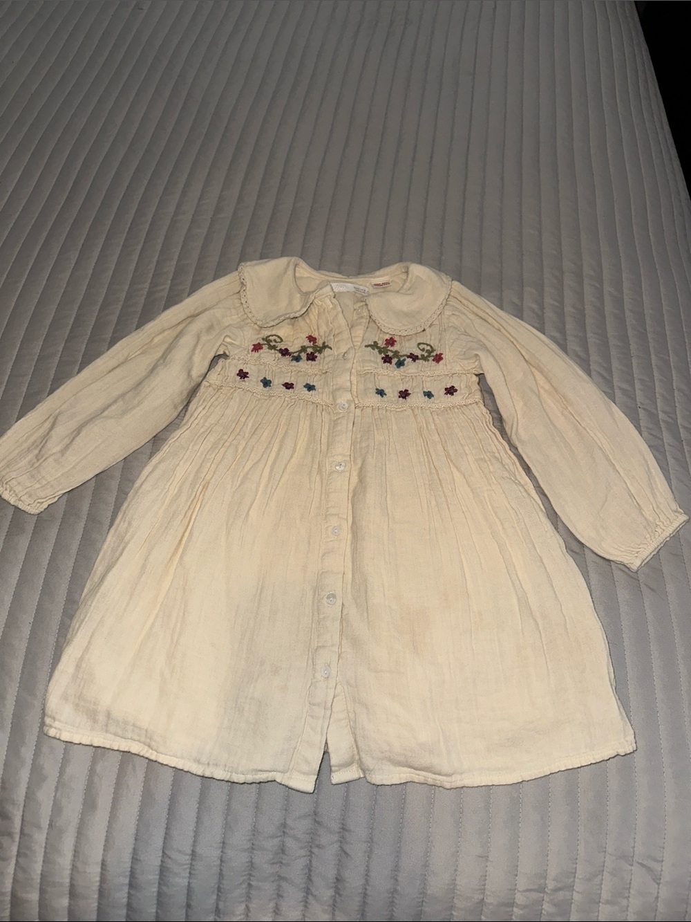 Zara Cream Long-Sleeve Embroidered Button Dress